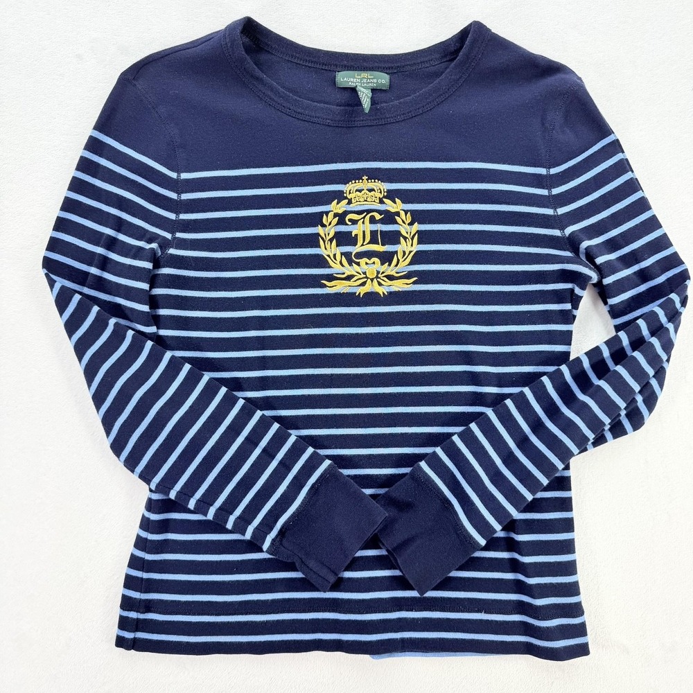 Lauren Jeans Co Shirt Womens Medium Blue Striped Crest Long Sleeve Tee Logo